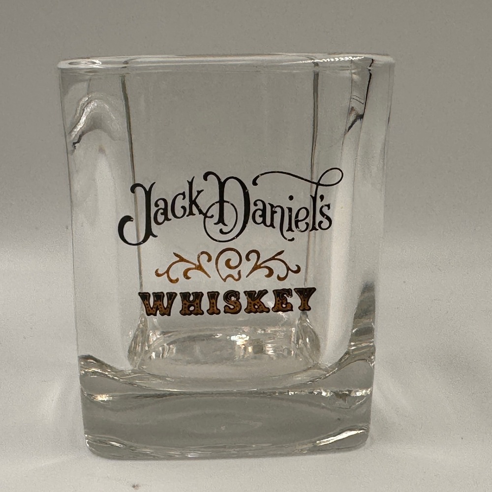 Jack Daniels Whiskey Square Glass Clear Black Gold Logo Heavy Weighted Base
